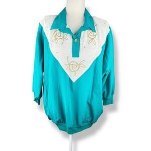Vintage 80s Bonnie Blair Teal Gold Blouse Womens‎ Size Large Embroidered Cottage